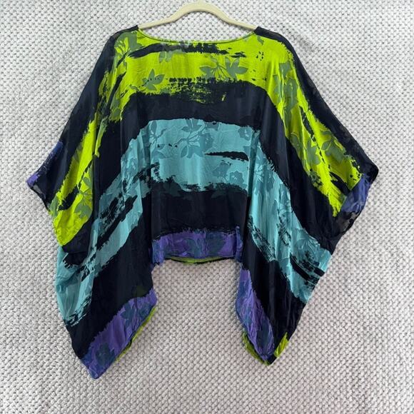 Chicos Design Top ML Blue Silk Burn Out Sheer Floral Boat Neck Shawl Pullover - Picture 8 of 13